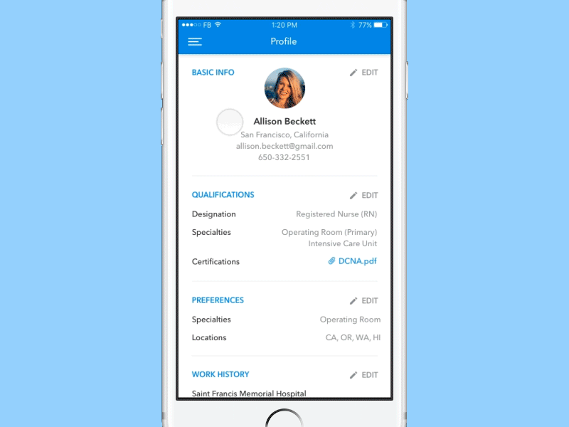 Travel Nursing App animation gif interaction ios jobs mobile principle profile prototype