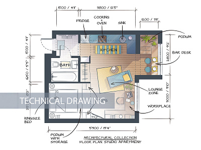 One Bedroom Blue Yellow Dribble apartment architectural design drawing floor plan hand drawn illustration interior rendering sketch technical vector