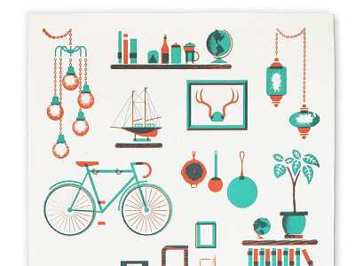 Final poster antlers bike flat globe illustration lamps plant screen print texture wood