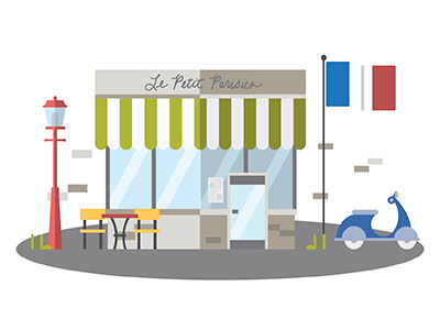 Google Now Town Bistro building flag france illustration scene scooter streetlight