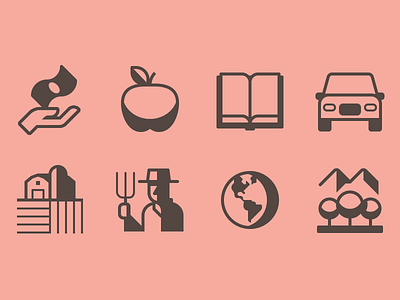 Impact icons apple book car earth farm farmer hand icon money mountains tree