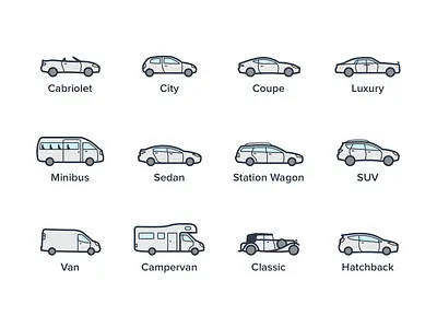 Car type color cars category classification filter icons outline rental