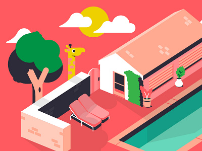 peeping tom deck chair giraffe house illustration nature pink pool pool house sun tree wall