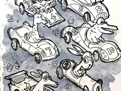 Race Cars cars ink pen watercolor