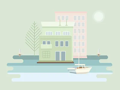 Seattle Boat House #2 dam flat geometric icon illustration material design modern pastel river sea tree water