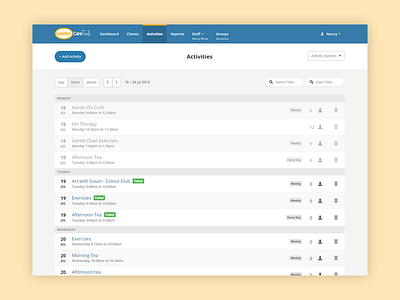 Activities on Golden Care Tools activities attendance date header menu repeat table template time today website weekly