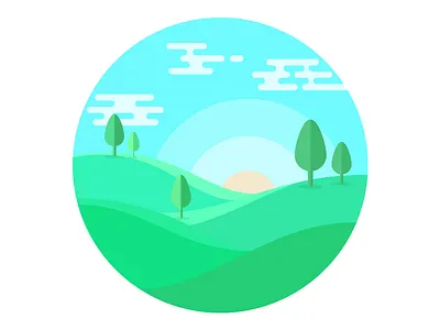 Nature art clouds flat green illustration mountains nature plants scenic sky sun tree