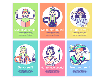 Girls avatar cards clothes design face fashion flat girl illustration line people smile