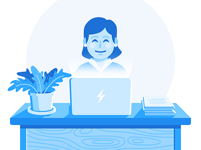 Create Content blue desk fern illustration laptop monochrome plant wood grain