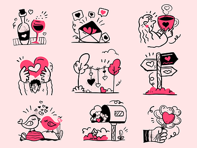 Valentine day icons - Hand Drawn app black and white branding design drawn hand drawn heart icon icons illustration illustrations love romance ui ux valentine vectors web