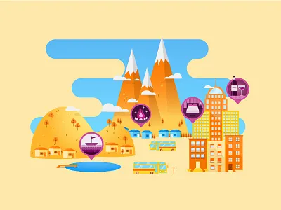 Places building bus city clouds hills illustration landscape mountain street vector wine yellow