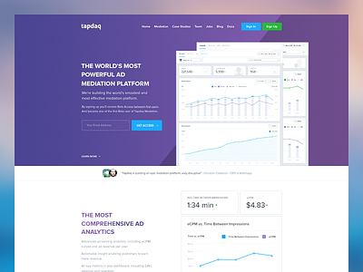 Tapdaq - Mediation Beta Page WIP apps dark dashboard graph landing performance profile stats summary table ui web