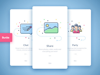 Burble Mobile Ui Kit - Walkthrough app chat colorful design flat design ios material design mobile sketch ui ui kit walkthrough