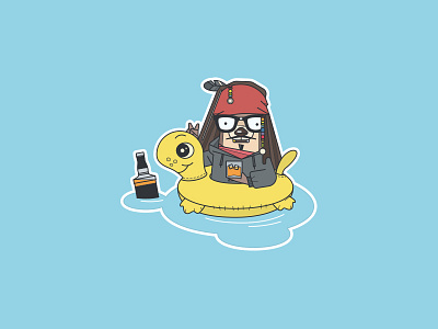 Otters of the Caribbean cartoon mascot nerd ocean otter pirate rubber ring stickers turtle vector water whiskey