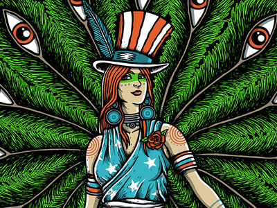Lady Columbia concert poster eyeballs gigposter patriotic peacock psychedelic screenprint trippy uncle sam widespread panic