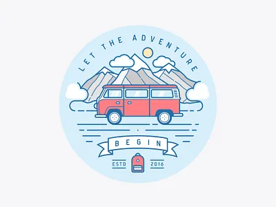 Let The Adventure Begin adventures backpack car clean flat illustration line art minivan mountains outline travel