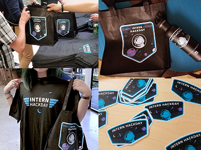 Swag for LinkedIn's Intern Hackday 2016 badge hackathon interns linkedin patch planet rocketship satellite space spaceman swag