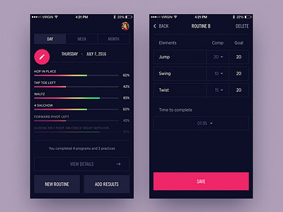 Ice skate practice funtime app bar dark data feed flat gradient graph ios mobile ui ux