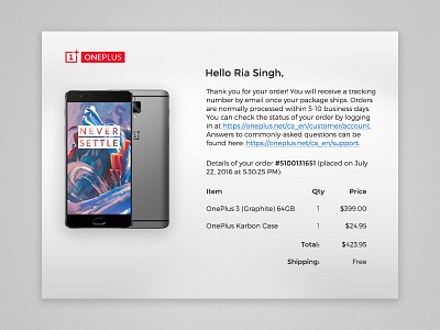 Email Receipt // 017 dailyui design email graphic design illustrator oneplus oneplusthree photoshop ui ux