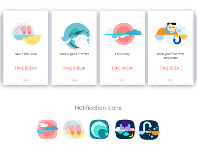 Notification icons armchair card design cat icon design illustration map take break ui ux design walk water weather