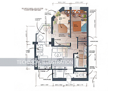 Two Bedrooms Studio apartment architectural design drawing floor plan hand drawn illustration interior rendering sketch technical vector