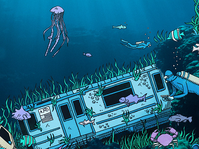 Subway under the sea diver illustration jelly fish subway under water