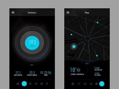 Mobile App - FU_RE Bicycles app bicycle black bold dark futuristic map minimal mobile statistics ui