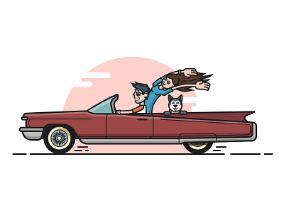 Summer Trip cadillac car dog glasses hair husky illustration out line trip