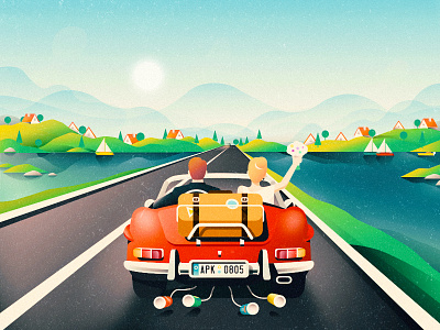 Wedding Road Trip car couple digital flat graphic illustration landscape sky texture vector wedding