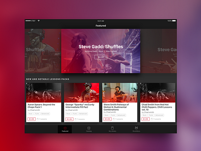 Feature Screen - iPad Ui app drums gradient ios ipad music shop ui video