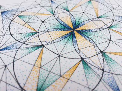 Stippling Details blue flower geometric line work lines lotus mandala micron pattern stippling symmetrical yellow