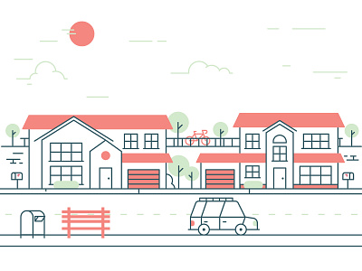 Suburbia car house illustration landscape line neighborhood