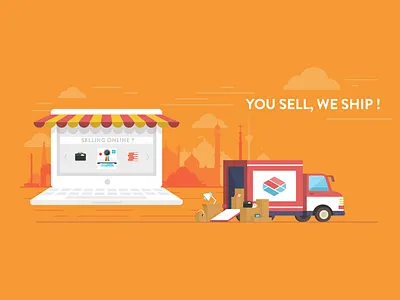Pickrr B2B Advertisement box cargo city delivery flat illustration india laptop logistics logo truck