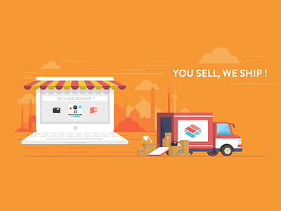 Pickrr B2B Advertisement box cargo city delivery flat illustration india laptop logistics logo truck