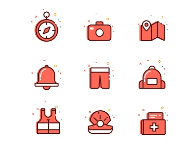 icon backpack camera compass icon illustrations map ocean pearl