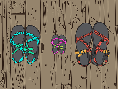 Baby Wagoner coming December 2016 baby dad hiking illustration mom sandals wood floor