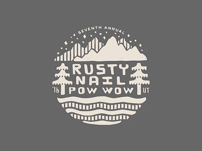 Rusty Nail Pow Wow hand drawn lake mountain mountains pine trees river star stars tree