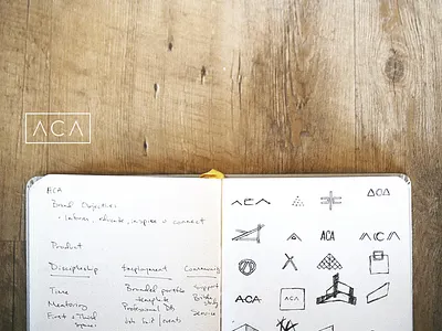ACA Brand Discovery aca architecture brand christian discovery logo notebook sketch wood