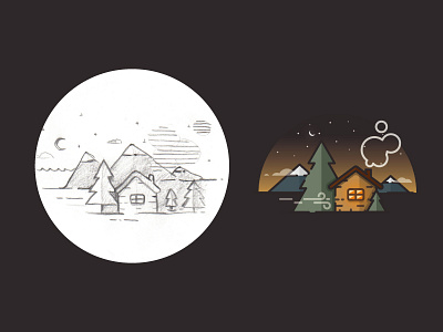 A house in the forest – from sketch to result. forest house icon illustration mountain night outline pictogram process sketch star vector