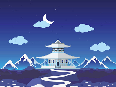 Snowy landscape frozen japanese landscape moon mountain night path snow temple