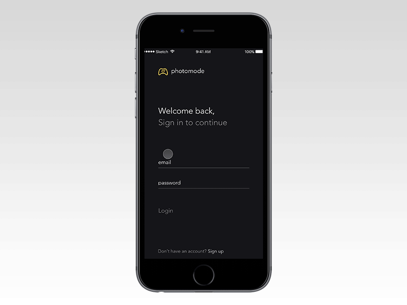 Photomode iOS animation app log in login material photomode principle sign in sign up ui