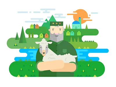 The Shepherd 2d beard flat illustration landscape mosque sheep summer vector village