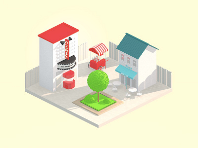 Mini isometric scene 3d green illustration pavement popcornstall scenery tree