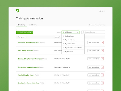 MongoDB Training Portal admin clean dropdown list ui