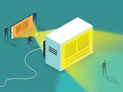 "​In bits and bytes" digital editorial illustration india isometric mobile television vector yatish asthana