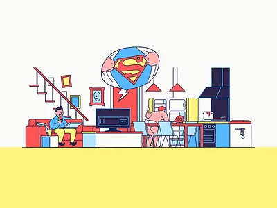 Downstairs fridge home kitchen lazy living pizza room superman