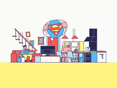 Downstairs fridge home kitchen lazy living pizza room superman