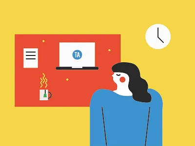 Work life character clock cup desk girl laptop tea work