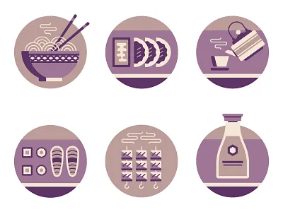 Japanese Food Illustrations gyozas illustration japanese food noodles ramen soy sauce sushi tea teapot