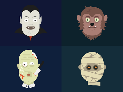 Creepers flat illustration mummy vampire werewolf zombie